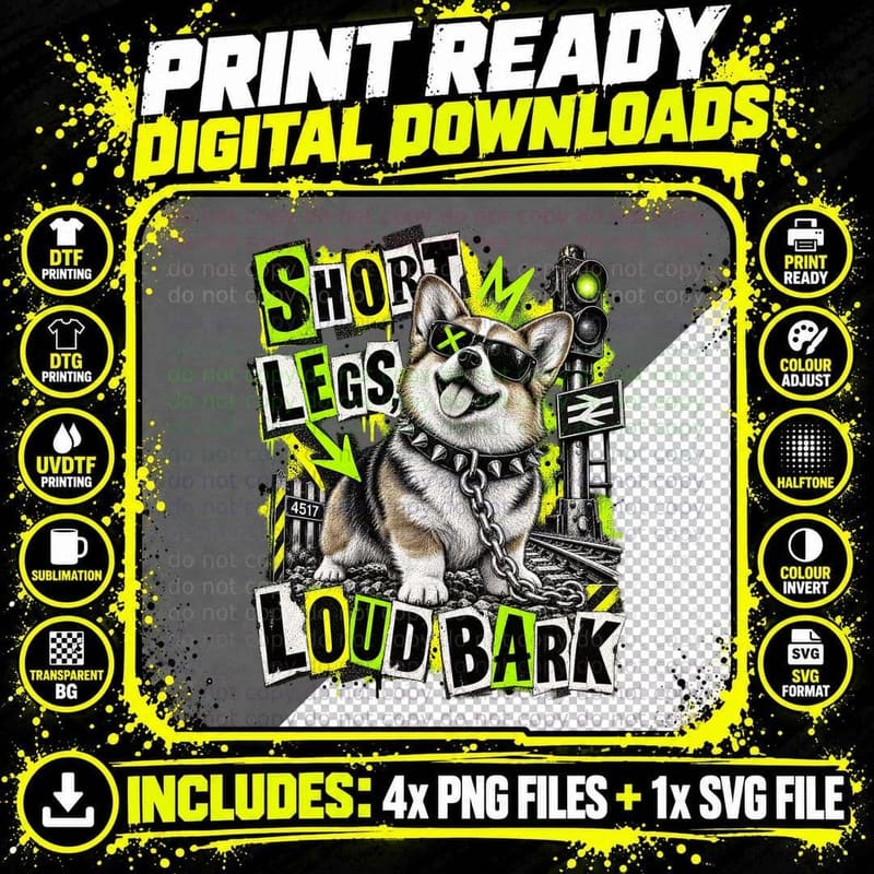 Short Legs Loud Bark Punk Corgi Spiked Collar Railway Train Spotter T-Shirt Png SVG Digital Bundle