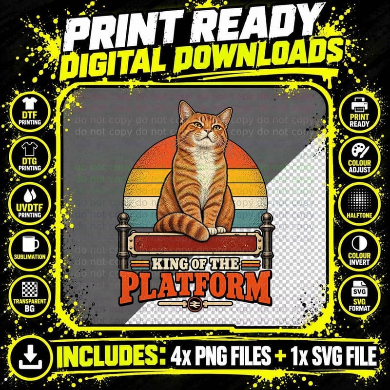 King of the Platform Ginger Tabby Cat Railway Station Bench Retro Sunset T-Shirt Png SVG Digital Bundle
