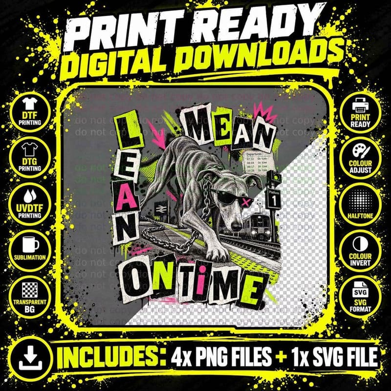 Lean Mean on Time Punk Lurcher Chain Sunglasses Platform Train Spotter T-Shirt Png SVG Digital Bundle