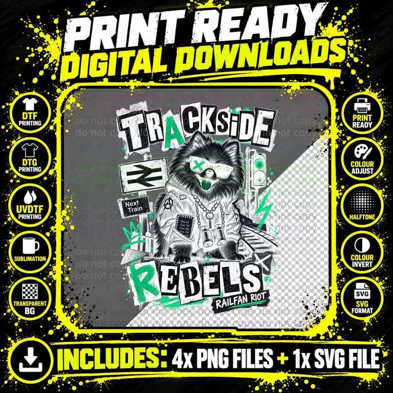 Trackside Rebels Railfan Riot Punk Fluffy Spitz Dog Binoculars Spotter T-Shirt Png SVG Digital Bundle