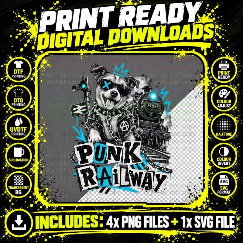 Punk Railway Grunge Dog Sunglasses Black Five Steam Locomotive 45157 T-Shirt Png SVG Digital Bundle