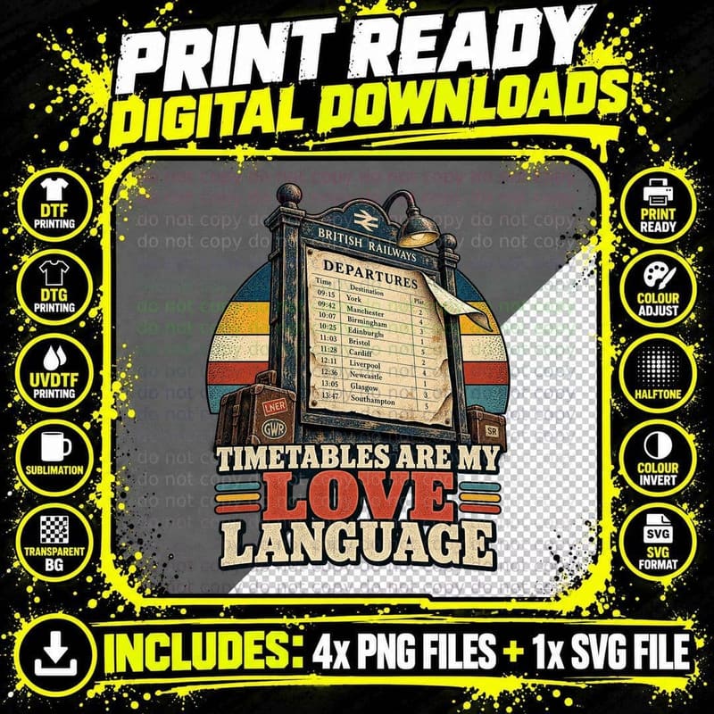 Railway Timetable Retro UK Trainspotter Station Png SVG Digital Bundle
