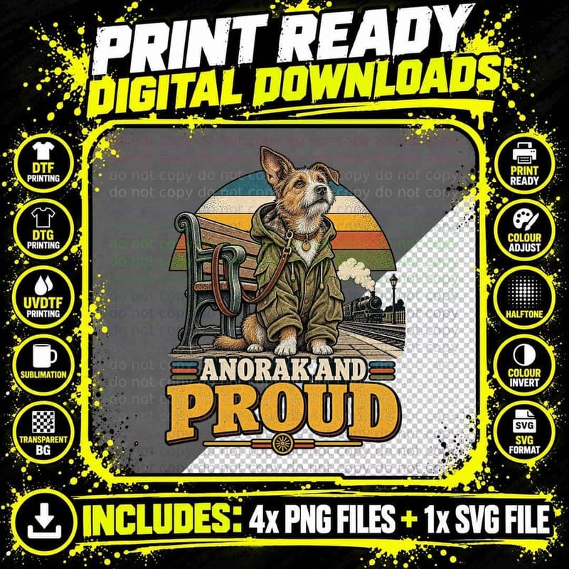 Anorak And Proud Scruffy Terrier Dog Retro Railway Station Trainspotter T-Shirt Png SVG Digital Bundle
