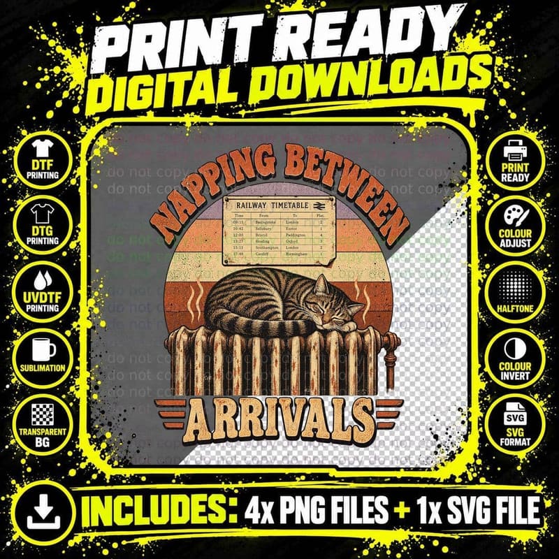Sleeping Tabby Cat Vintage Railway Station Cat Lover Png SVG Digital Bundle