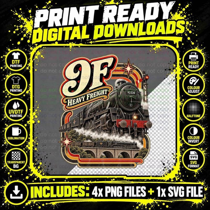 BR 9F Heavy Freight Steam Locomotive Vintage Industrial Png SVG Digital Bundle