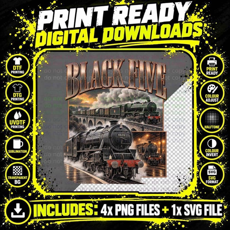 Black Five Steam Locomotive Vintage Railway Train Png SVG Digital Bundle