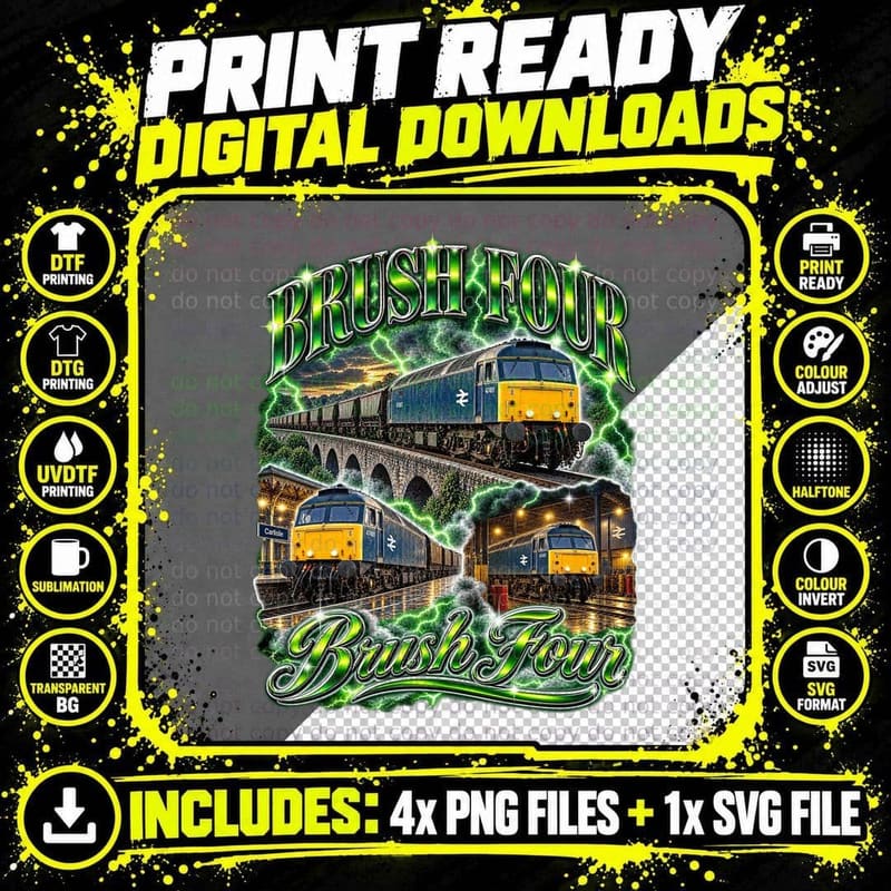 Brush Four Class 47 British Rail Freight Diesel Locomotive Retro Vintage T-Shirt Png SVG Digital Bundle