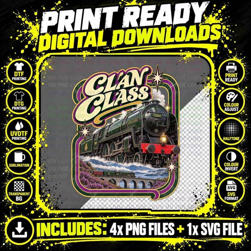 Clan Class Pacific Steam Locomotive Vintage Scottish Png SVG Digital Bundle