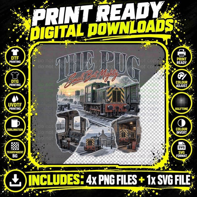 Class 03 Pug Vintage Railway Retro Collage British Rail Png SVG Digital Bundle