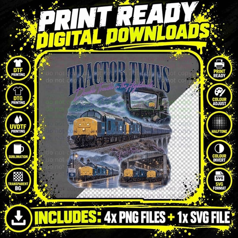 Tractor Twins Double Trouble In The Highlands Class 37 Diesel Railway T-Shirt Png SVG Digital Bundle