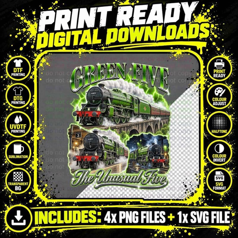 Green Five The Unusual Five Mixed Traffic Steam Locomotive Retro Railway T-Shirt Png SVG Digital Bundle