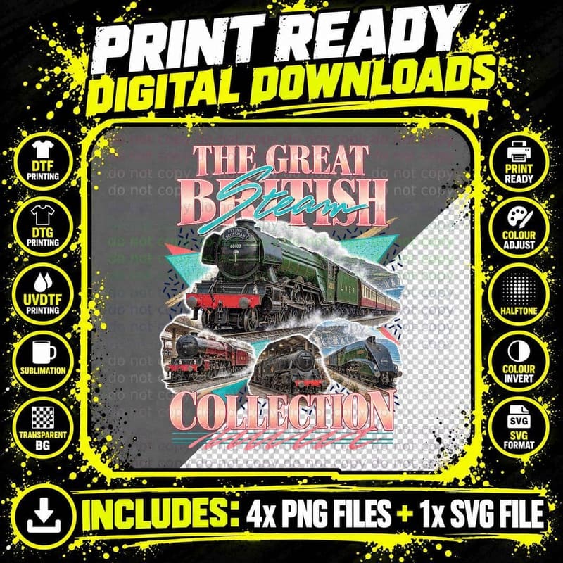 The Great British Steam Collection Locomotives Retro 90s Memphis Railway T-Shirt Png SVG Digital Bundle