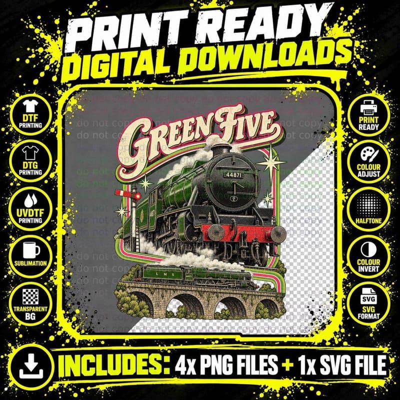 Green Five Black Five Steam Locomotive Retro Railway Png SVG Digital Bundle