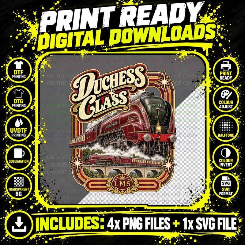 LMS Duchess Class Streamlined Steam Train Vintage Retro Png SVG Digital Bundle