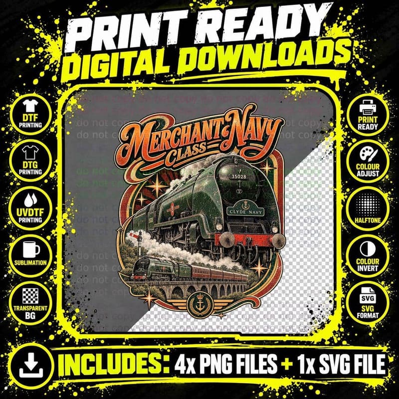 Merchant Navy Class Steam Train Vintage Southern Railway Png SVG Digital Bundle