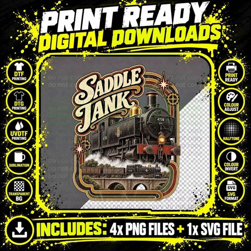Saddle Tank Steam Locomotive Vintage Industrial Railway Png SVG Digital Bundle