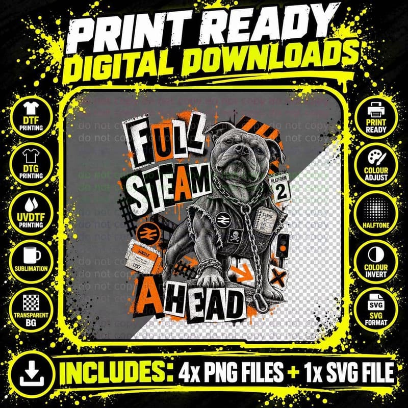 Full Steam Ahead Staffordshire Bull Terrier Punk Trainspotter Dog Lover T-Shirt Png SVG Digital Bundle