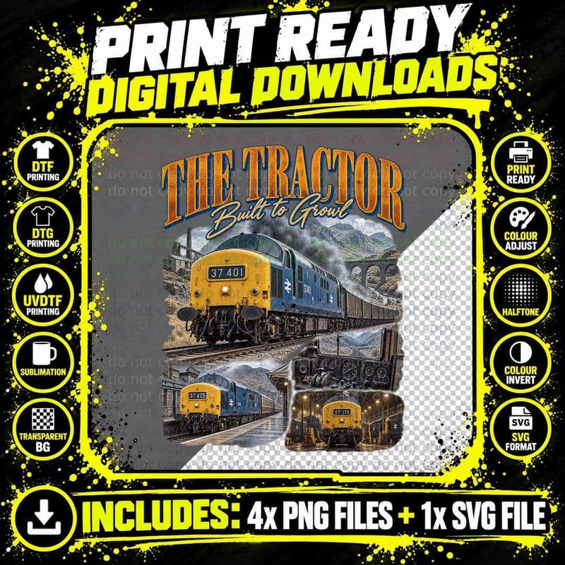 The Tractor Built To Growl Class 37 Diesel British Rail Blue Retro T-Shirt Png SVG Digital Bundle