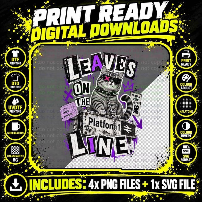 Leaves On The Line Tabby Cat Punk Trainspotter Railway Platform Funny T-Shirt Png SVG Digital Bundle