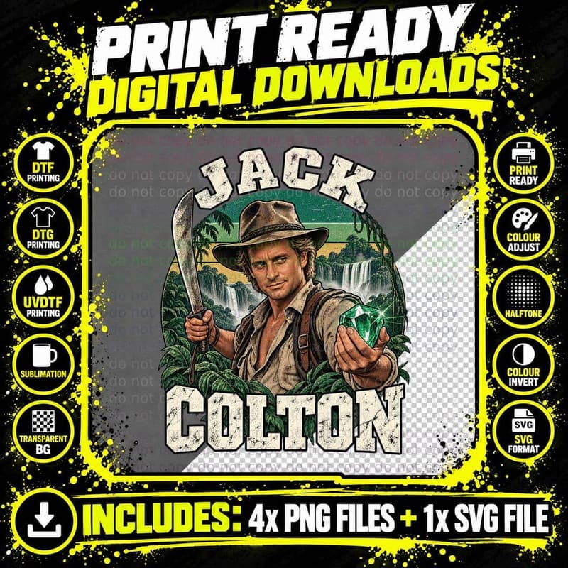 Jack Colton Emerald Jungle Adventurer Machete 80s Adventure Movie Retro T-Shirt Png SVG Digital Bundle