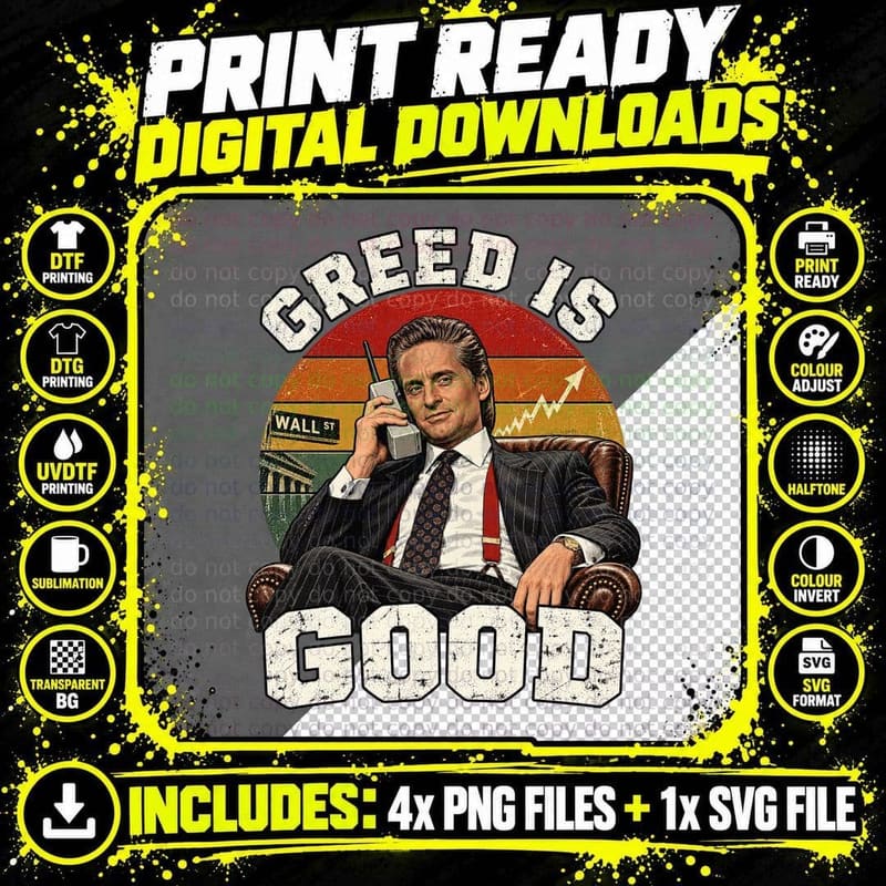 Greed Is Good Gordon Gekko 80s Finance Movie Brick Phone Stock Market T-Shirt Png SVG Digital Bundle
