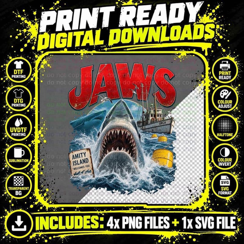 Great White Shark Attack Amity Island Orca Boat 1975 Horror Movie T-Shirt Png SVG Digital Bundle
