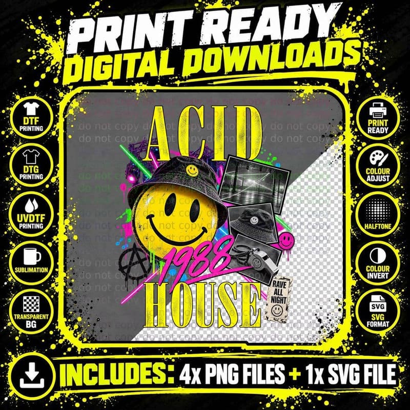 Acid House 1988 Vintage Rave Smiley Face Warehouse Dance Png SVG Digital Bundle