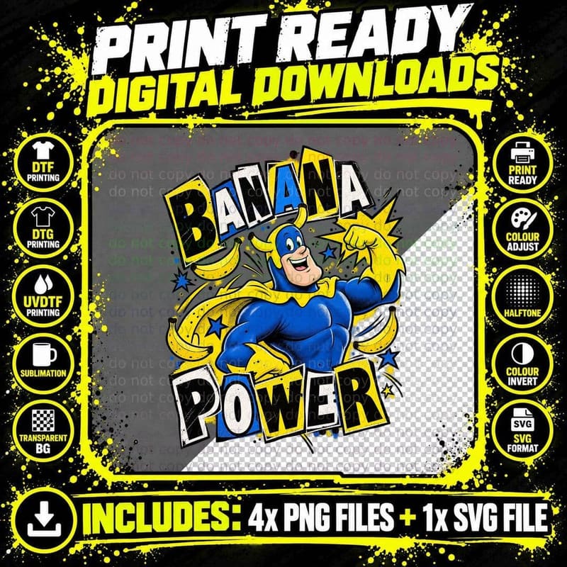 Banana Power Punk Yellow Caped Superhero Flexing 80s Kids Cartoon T-Shirt Png SVG Digital Bundle