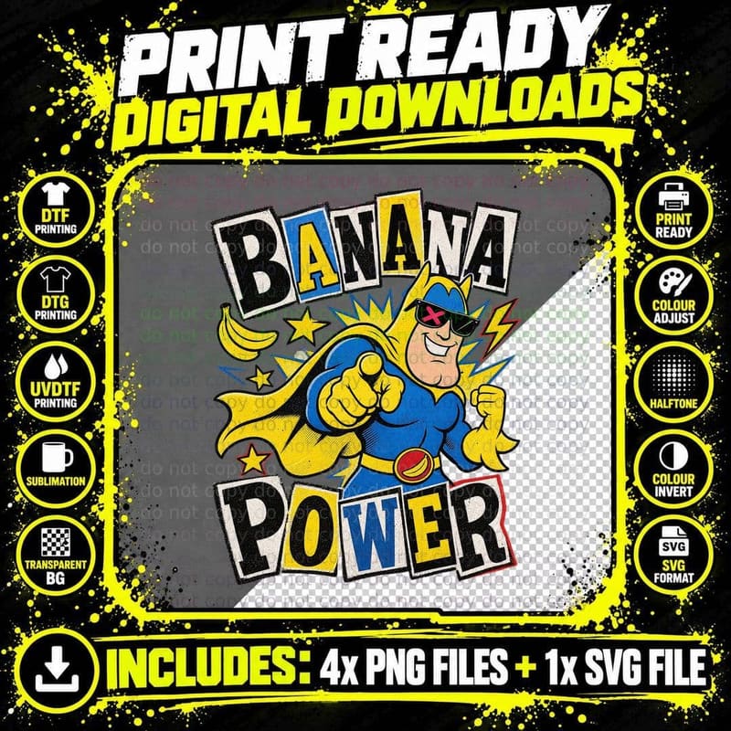 Banana Power Caped Fruit Superhero Pointing Sunglasses Punk 80s Comic T-Shirt Png SVG Digital Bundle