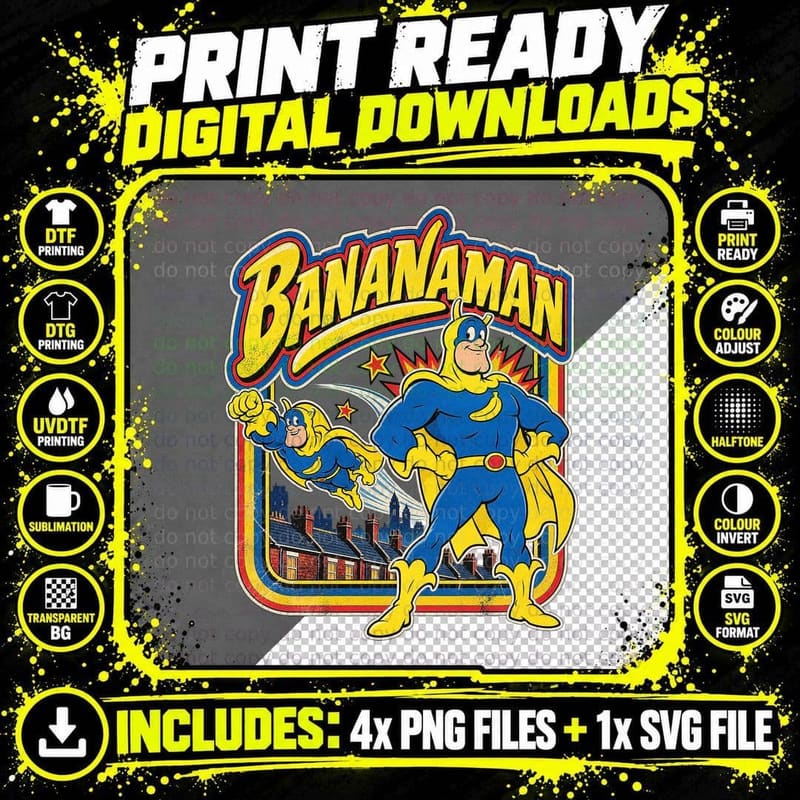 Caped Banana Superhero Over Terraced Houses Retro 80s British Kids TV T-Shirt Png SVG Digital Bundle