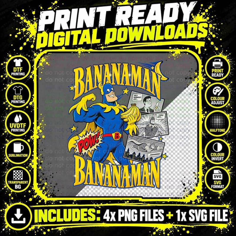 Bananaman Vintage 1980s British Cartoon Superhero Comic Png SVG Digital Bundle
