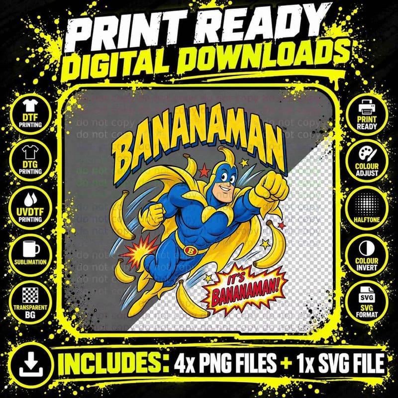 Flying Banana Superhero Comic Book Retro 80s Kids Cartoon Nostalgia T-Shirt Png SVG Digital Bundle