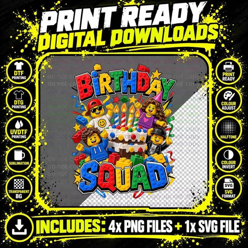 Birthday Squad Toy Brick Cake Birthday Retro Collage Png SVG Digital Bundle