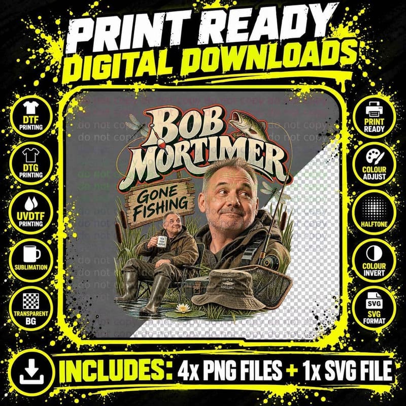 Bob Mortimer Gone Fishing Vintage British Comedy Angling Png SVG Digital Bundle