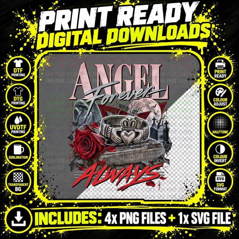 Angel Forever Always Claddagh Ring Red Rose Gothic Vampire Romance T-Shirt Png SVG Digital Bundle