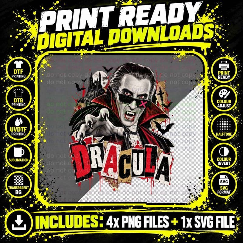 Dracula Christopher Punk Sunglasses Vampire Fangs 70s Gothic Horror T-Shirt Png SVG Digital Bundle