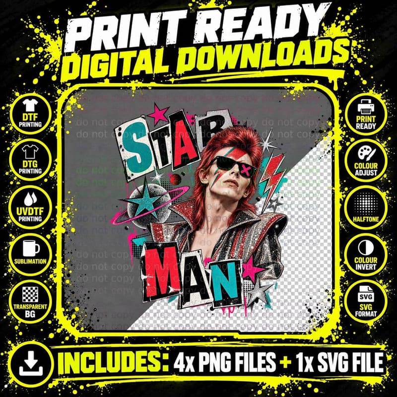 David Bowie Ziggy Stardust Starman Glam Rock Punk Png SVG Digital Bundle