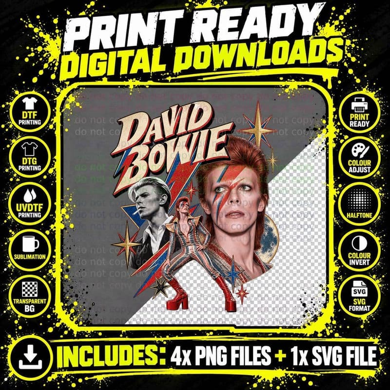 David Bowie Ziggy Stardust Vintage Glam Rock Lightning Png SVG Digital Bundle