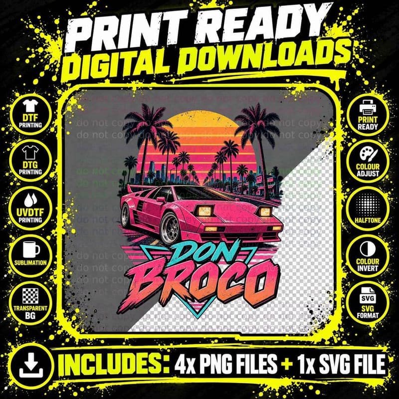 Pink 80s Supercar Palm Trees Synthwave Sunset UK Alternative Rock T-Shirt Png SVG Digital Bundle