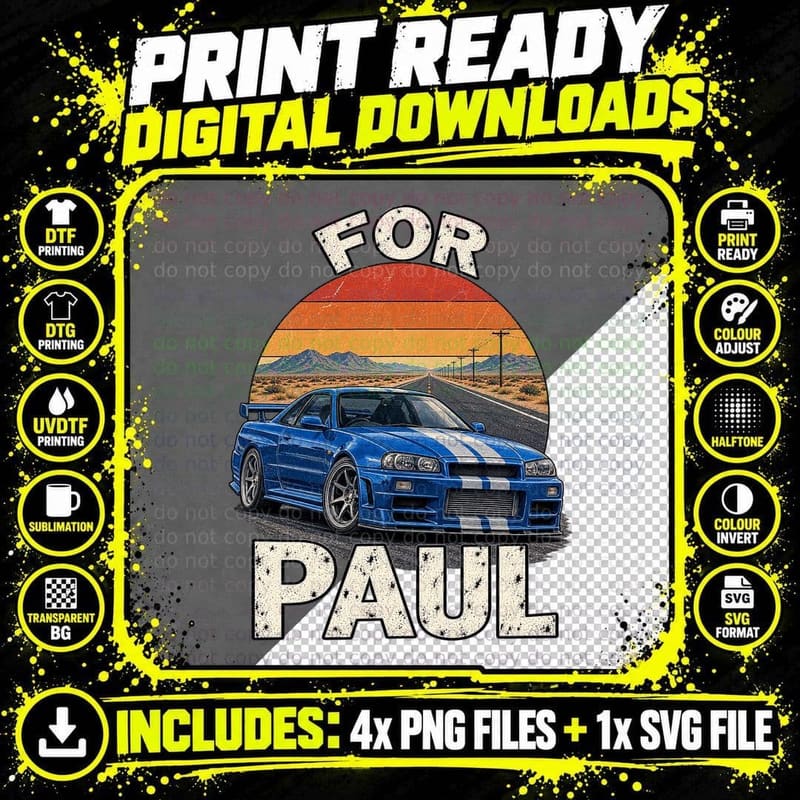 Fast and Furious Retro For Paul Blue Street Racing Car Png SVG Digital Bundle