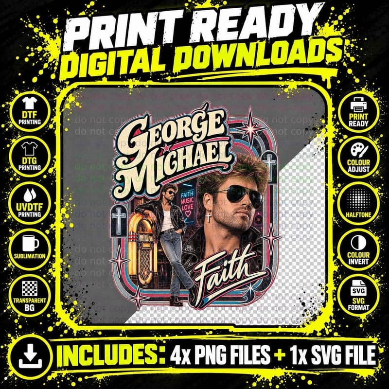 Faith 80s Pop Singer George Leather Jacket Aviators Jukebox Retro T-Shirt Png SVG Digital Bundle