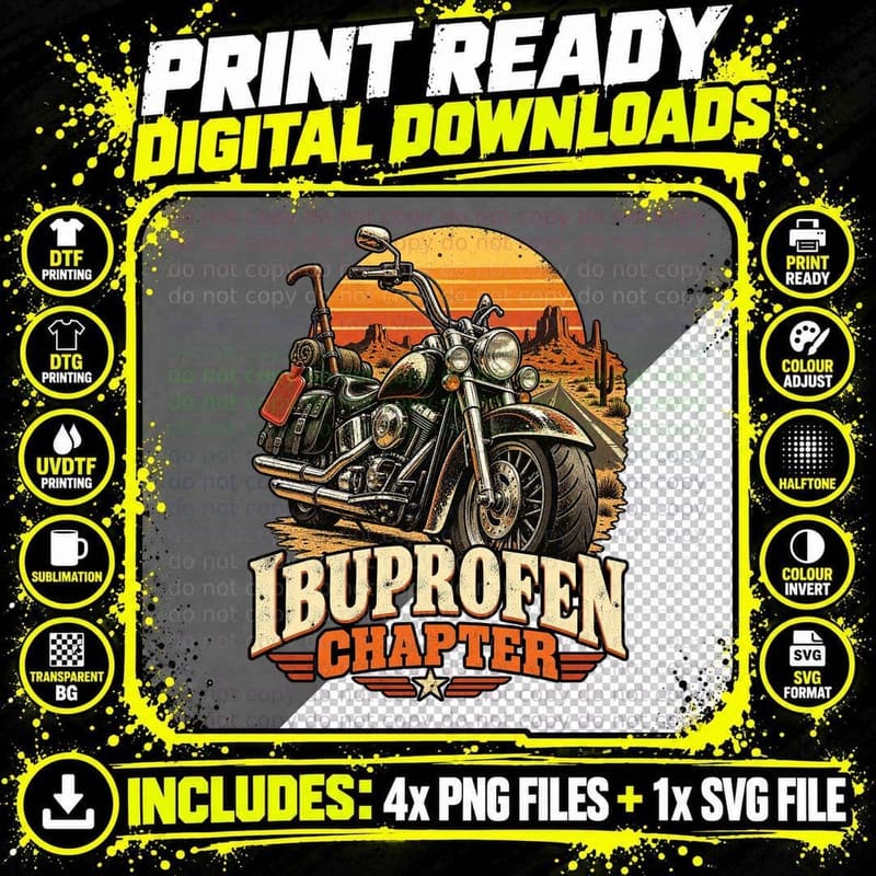 Ibuprofen Chapter Funny Old Biker Motorcycle Desert Highway Sunset T-Shirt Png SVG Digital Bundle