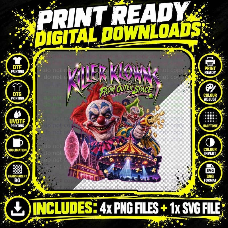 Killer Klowns from Outer Space Vintage 1988 Horror Movie Png SVG Digital Bundle