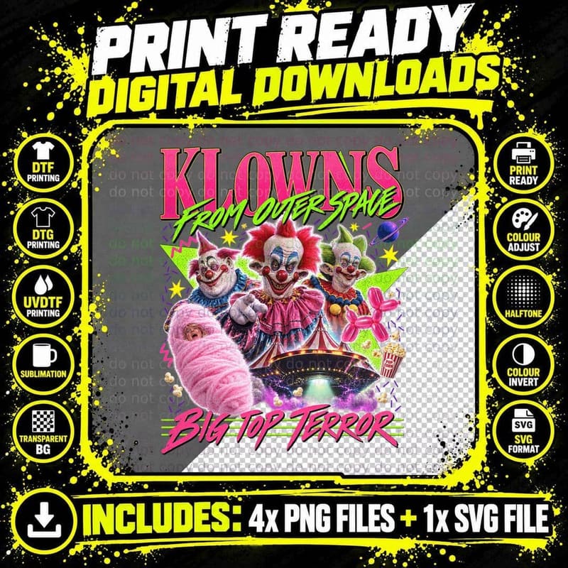 Space Clowns Big Top Terror Cotton Candy 80s Cult Horror Comedy VHS T-Shirt Png SVG Digital Bundle