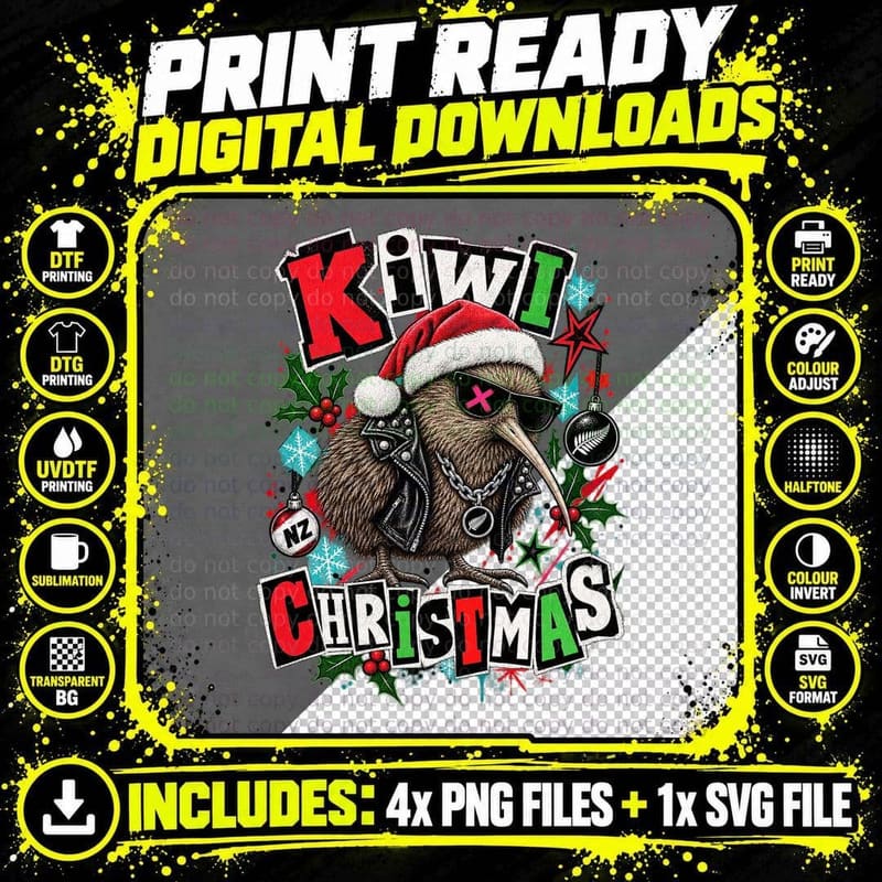 Kiwi Christmas New Zealand Bird Punk Vintage Funny Xmas Png SVG Digital Bundle