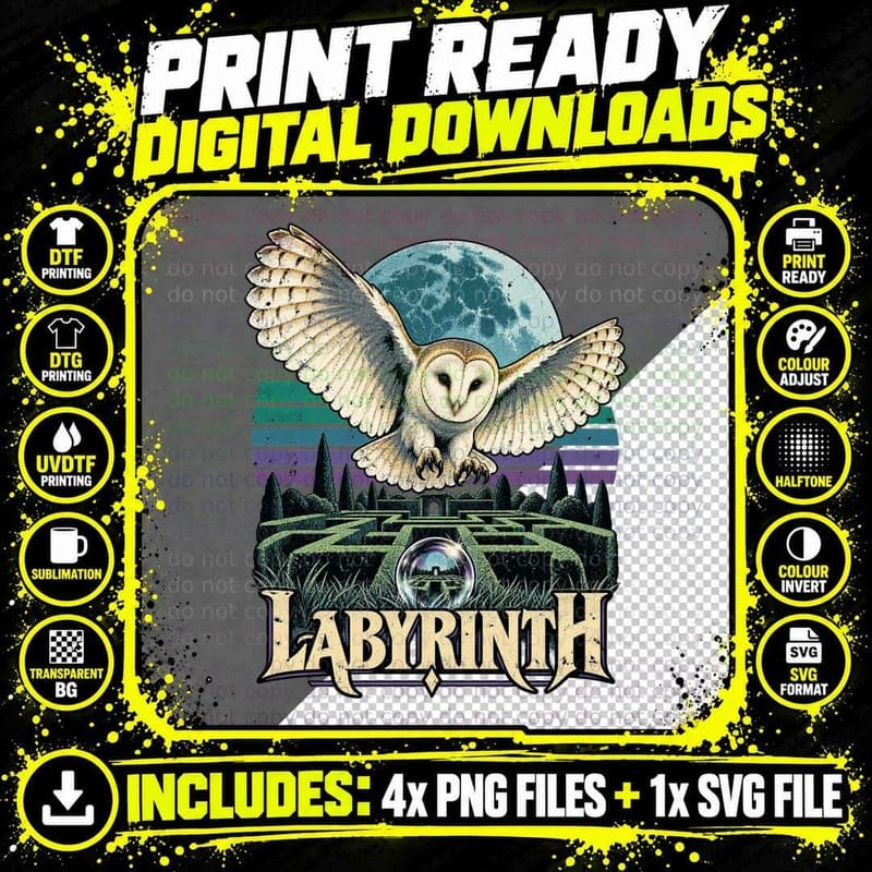 Barn Owl Over Hedge Maze Crystal Ball Full Moon 80s Fantasy Film T-Shirt Png SVG Digital Bundle