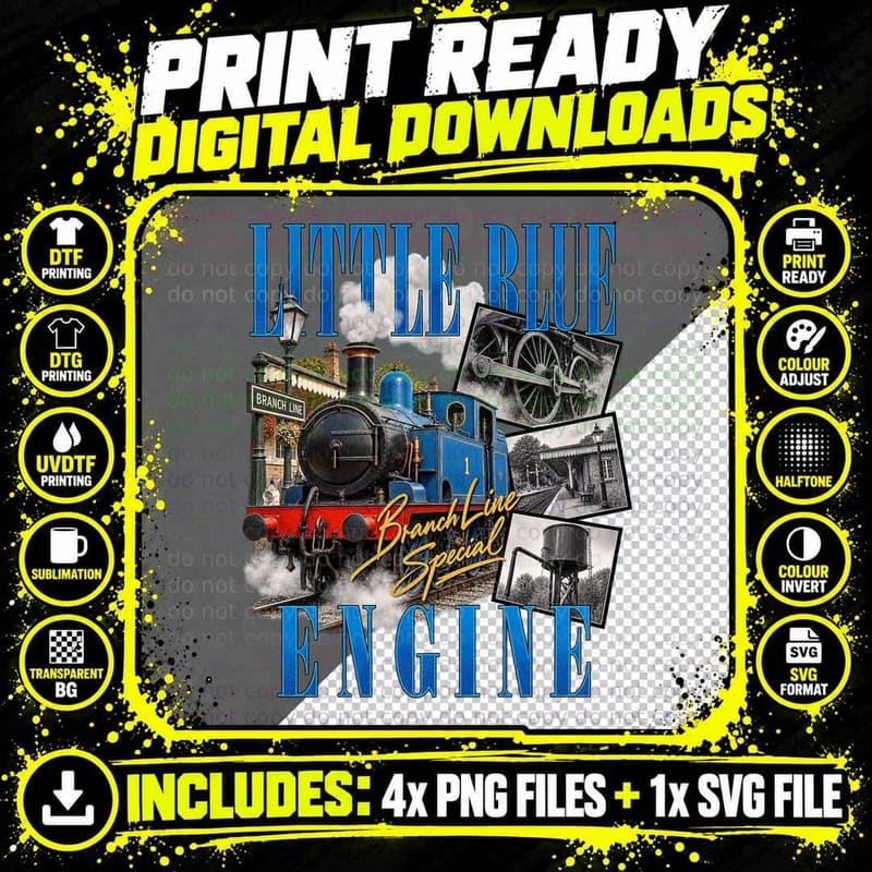 Little Blue Engine Vintage Railway Steam Train Branch Png SVG Digital Bundle