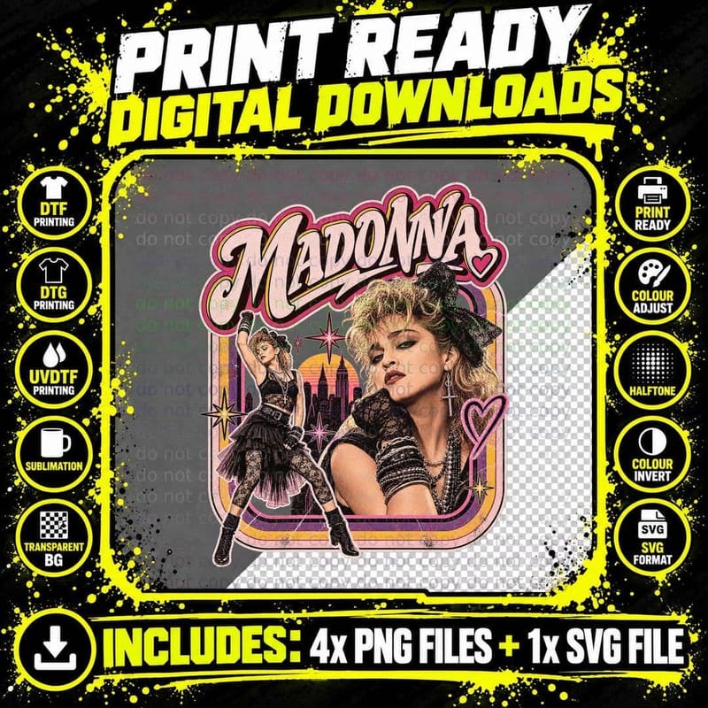 80s Pop Queen Madonna Lace Bow Crucifix Tutu Dancing New York Vintage T-Shirt Png SVG Digital Bundle