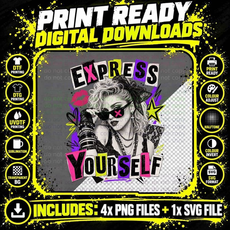 Express Yourself Punk 80s Pop Queen Madonna Lace Bow Sunglasses T-Shirt Png SVG Digital Bundle