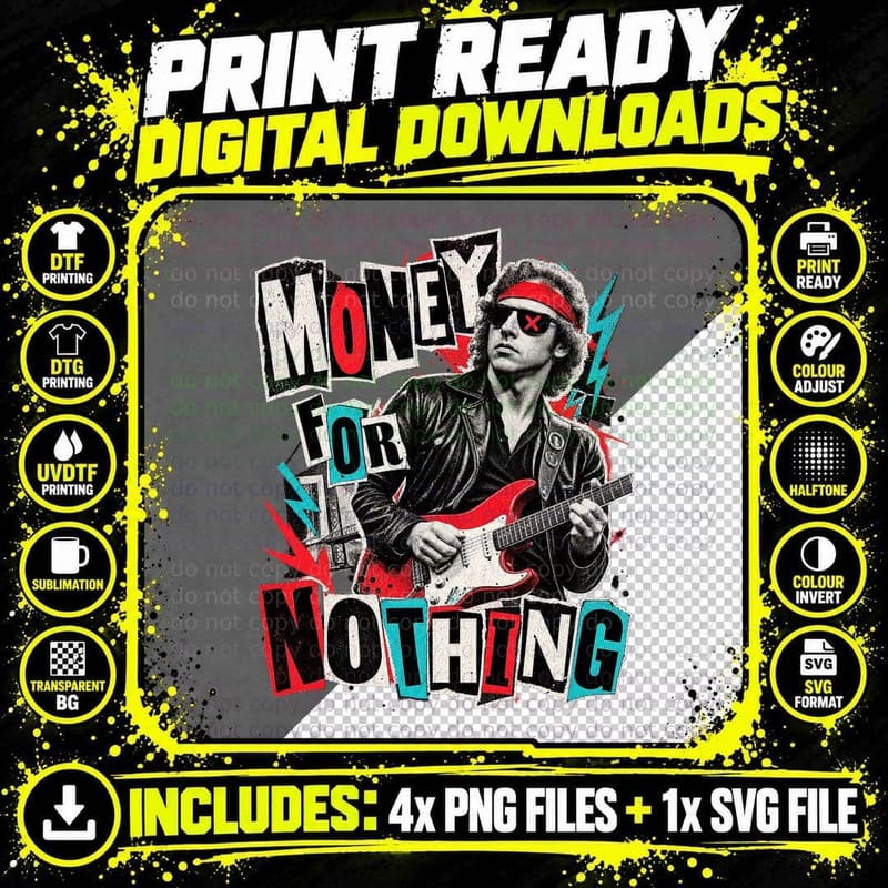 Money for Nothing 80s Rock Guitarist Mark Red Headband Punk Leather T-Shirt Png SVG Digital Bundle